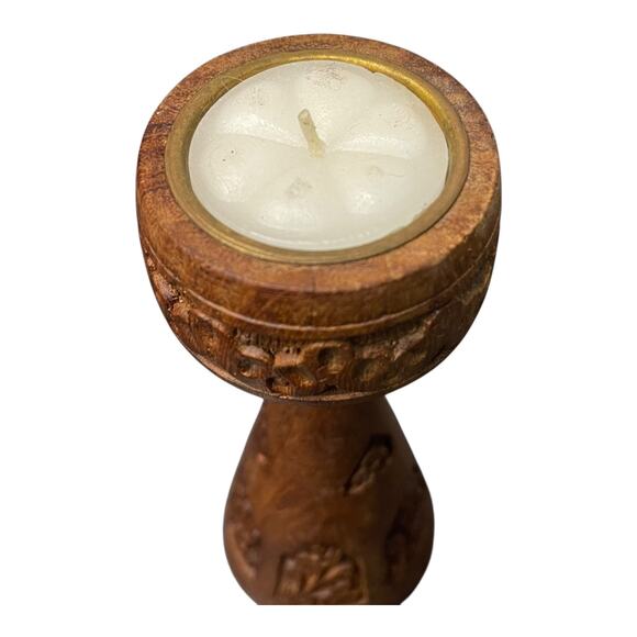 Hand-Carved Wooden Tea Light Candle Holder Floral Design Signed Made in India - Picture 7 of 9
